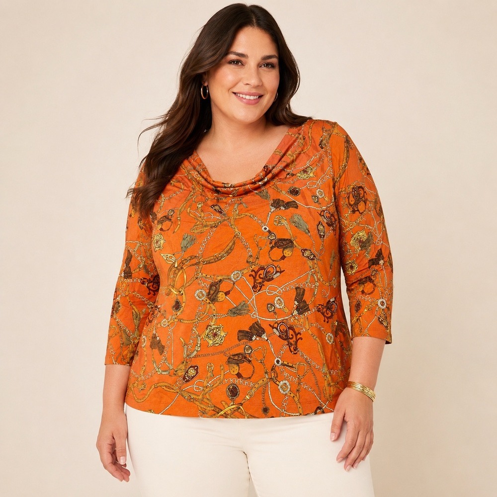 Talbots Equestrian Chain Print Cowl Neck Top Orange Women's 2X Career Blouse
